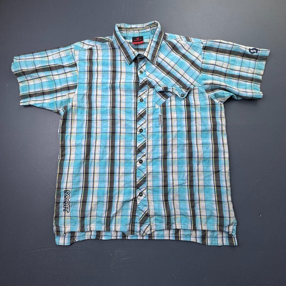 Scott Men's Large Blue Green Plaid Button Up Shirt Short Sleeve Casual Cotton